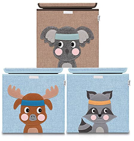 Lifeney Aufbewahrungsbox mit Deckel im 3er Set Hirsch, Waschbär und Koala I Dreierpack Spielzeugbox mit Tiermotiv passend für Würfelregale I Ordnungsbox für das Kinderzimmer I Aufbewahrungskorb Kinder