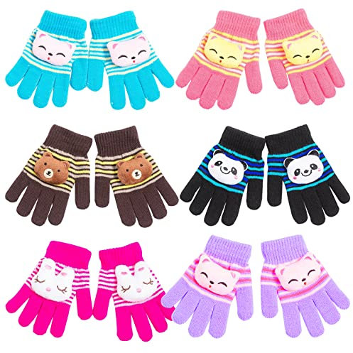 6 Paare Kinderhandschuhe Strick Warme Cartoons Strickhandschuhe Kinder Winter Handschuhe mit Schnur für Jungen Mädchen