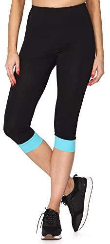 Merry Style Damen Leggings aus Baumwolle mit angenähtem Bündchen MS10-379 (Schwarz/Türkis, XL)