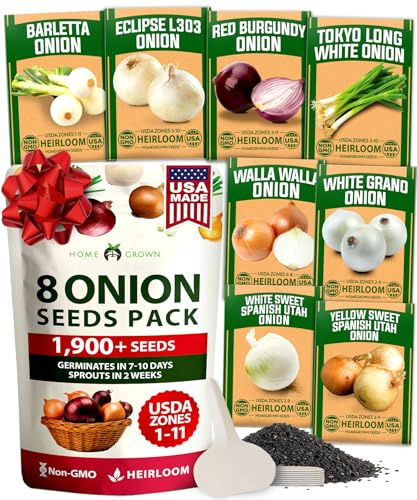 HOME GROWN 8 Onion Variety Mix 1600+ Heirloom Non-GMO Seeds for Planting, High Germination, Red, Yellow, White, Sweet Vidalia & Spanish Bulb Onions, Green Scallions,Indoor Outdoor Garden (Allium cepa)