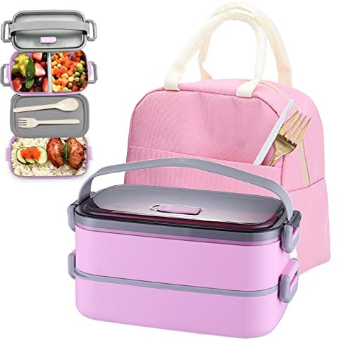 Haoh Bento Lunch Box Kit, 1600ml 2 Etages Boite Repas avec Sac Isotherme Repas, Hermétique Boîtes Bento pour Pique Nique, Travail, Goûter, Ecole, Boîte à Lunch Micro Ondable(Rose)