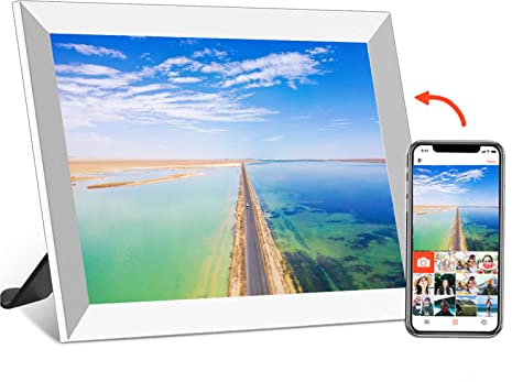 Goshyda 10,1 Zoll Digitaler Bilderrahmen, WLAN, 1 GB RAM, 16 GB Speicher, 1280 X 800 IPS-Bildschirm, 250 Cdm2 Helligkeit, Digitaler Bilderrahmen, Fotos und Videos Per App Teilen(Weiß)