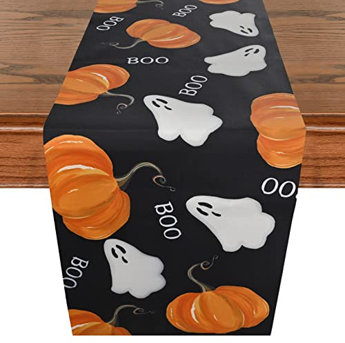 Schwarz Halloween Tischläufer, Vintage Malerei Kürbis Geist Boo Tischdeko, Halloween Deko Tischwäsche, Waschbar Herbst Küche Esstisch Tischdekoration Drinnen und Draußen Party Tischdecke, 35x180cm