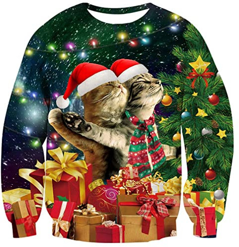 Goodstoworld Weihnachten Pullover 3D Druck Titan Cat Männer Damen Ugly Christmas Sweater Cool Niedlich Weihnachtspullover Witzig L
