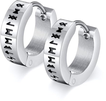 Nordischer Wikinger Hoop Ohrring Herren - Amulett Schutz Schmuck Geschenke Edelstahl Herren Ohrstecker mit Nordic Elder Futhark Runen,Silber,1 Paar,