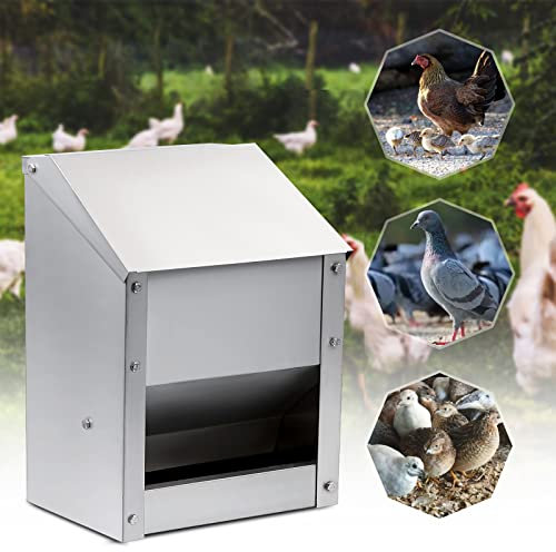 KHEARPSL Hühner-Futterstation aus Edelstahl zur Wandmontage – Automatischer Geflügel-Futterspender mit Deckel (11,3 kg Kapazität)