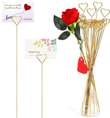CCINEE 30 Stück Metalldraht-Blumen-Tischkartenhalter, 33 cm, Herz, goldene Blumenplektren, Foto-Memo-Auto-Halter für Hochzeit, Geburtstag, Partyzubehör