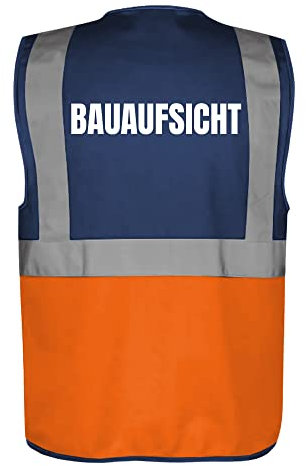 Fassbender-Druck WARNWESTEN - Sicherheitsweste NAVY/ORANGE mit Taschen und Reißverschluss nach EN ISO 20471 zertifiziert - Warn Weste für BAUAUFSICHT - Unisex mit hochwertigem Reflektorstreifen