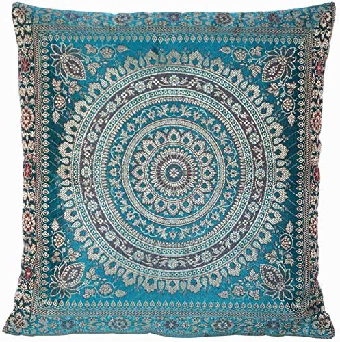 Ruwado Handgewebt und Handgefertigt Indische Banarasi Seide Kissenbezug, Überzug, Dekokissen - Mandala Muster mit unsichtbarer Reißverschluss - 40 x 40 cm | 16 x 16 Zoll, Türkis-Blau