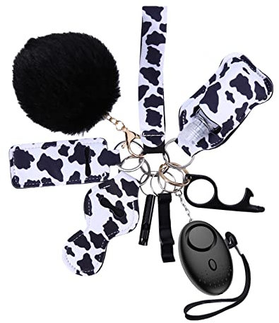 Newest Safety Personal Alarm for Women Kids, OQIMAX 10 PCS Safety Keychain Set with Loud Sound Safe Personal Alarm, Whistle, LED Flashlight, No Touch Door Opener, Security Personal Alarm (Cow Print)