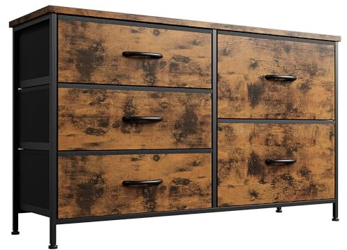Nicehill Dresser for Bedroom with 5 Drawers, Storage Drawer Organizer, Wide Chest of Drawers for Closet, Clothes, Kids, Baby, TV Stand with Storage Drawers, Wood Board, Fabric Drawers (Rustic Brown)
