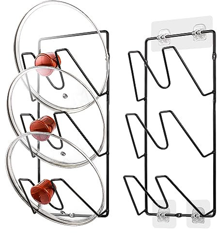 EXAIEW Pot Lid Organizer Rack, 3-Tier Pot Lids Holder for Cabinet Wall/Door Mount, No Drilling Adhesive Door/Wall Mounted Pots And Pans Organizer For Kitchen Storage, Classic Black