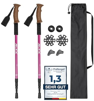 JELEX Nature Teleskop Walking Stöcke für Nordic Walking verstellbar, inkl. diverser Aufsätze für Outdoor Aktivitäten, ultraleichte Wanderstöcke mit Antishock-Technologie (Rosa Premium)