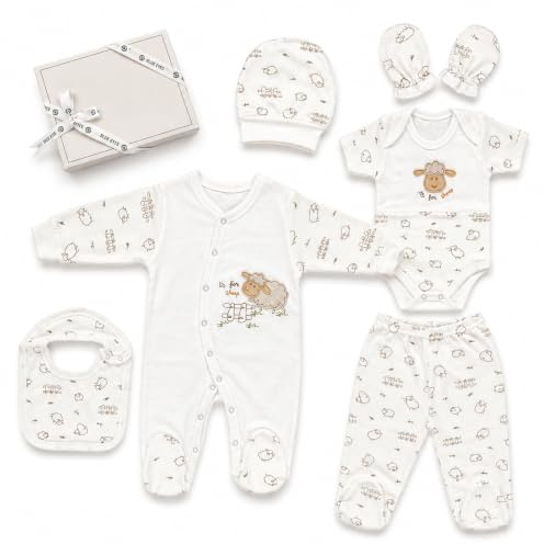 Blue Eyes Baby Geschenk Set – 6 Teiliges Neugeborenen Geschenkbox Set aus 100% Baumwolle, OEKO-TEX, Premium Erstausstattung zur Geburt 0–4 Monate, Unisex für Junge & Mädchen (Lamm)