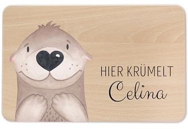 wunderwunsch - Individuelles Holzbrett mit Hochwertigem UV-Druck für Kinder - Personalisiertes Frühstücksbrettchen - Niedliche Motiv-Brettchen mit Namen (Otter links unten)