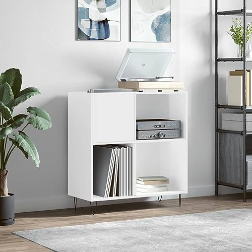 prissent Meuble porte-disques 84,5 x 38 x 89 cm, multicouche, étagère en bois, porte-disques vinyle, bibliothèque étroite, meuble de salon, meuble TV mobile, porte-CD blanc brillant