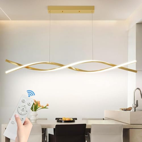 Mikeru LED Pendelleuchte esszimmer, 36W 100cm Moderne Kücheninsel Leuchten, Lineare Hängelampe Dimmbar mit Fernbedienung, Höhe 150cm einstellbar 10%-100% Einstellung der Farbtemperatur, Gold