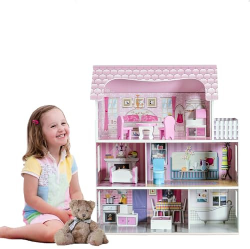 HOMASIS Maison de poupées avec Meubles & Accessoires, Maison de poupées Rose en Bois, Villa de poupées avec 3 étages & 5 Chambres, Cadeau pour Les Filles, Dollhouse Villa de rêve pour Les Enfants