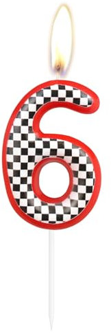 Birthday Cake Number 6 Candle Topper, Red Racing Happy Birthday 6th Cake Toppers, Red Black and White Racing Decorations for Kids Boys Car Theme Birthday Party