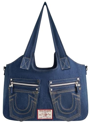True Religion Damen Women's Satchel Bag, Denim Crossbody Purse Handbag with Adjustable Removable Shoulder Strap Ranzen, Blau