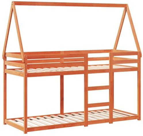 vidaXL Etagenbett, Hochbett mit Dach Leitplanken, Stockbett für Schlafzimmer, Bett Holzbett Einzelbett, Wachsbraun 90x190cm Massivholz Kiefer