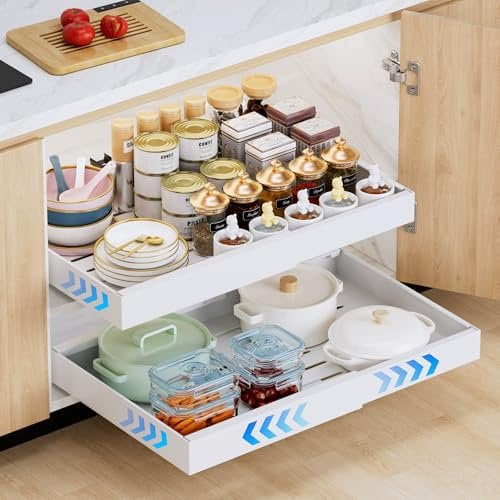 2 Pack erweiterbar ausziehbare schublade küche mit Kleber, ausziehbarer schrank organizer, Stick Slide Out teleskopschublade Cabinet Pull Out für Küche Pantry Organisation Einstellbare Breite 32-53cm
