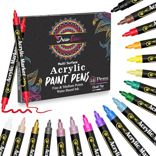 Draw Ease Acrylic Paint Pens Set of 18 Colours, 0.7mm - 2mm Dual Tip Glass Pens with Extra Fine Point & Water Based Ink - Acrylic Pens Suitable for Porcelain, DIY Craft, Mug Design, Rock Painting