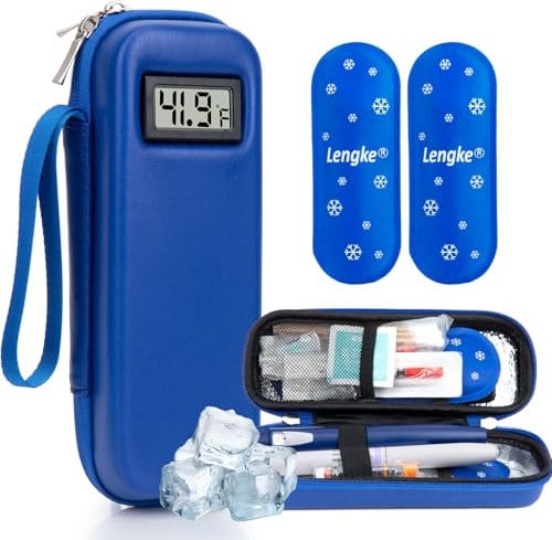 SUNMON Insulinkühler Reisebox mit Grad Fahrenheit​ Temperaturanzeige, tragbarer Insulinpen Kühltasche Diabetes Reisekoffer mit 2 Kühlakku für Insulinstift und anderes Diabetikerzubehör (Blau)