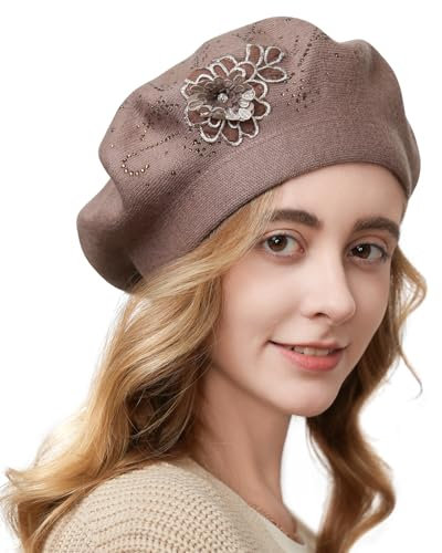 Gajaous Blumenstickerei Baskenmütze für Damen, Französische Stil Strickbaskenmützen, Stilvolle Unifarbe Baskenmütze für Frauen Damen