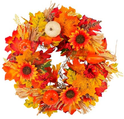 40cm Herbstkranz für Haustür, Kranz Herbst Ahornblatt Türkranz Außer mit Samt Kürbisse Tannenzapfen Beere Halloween Kranz für Erntedankfest Tür Fenster Außendekoration