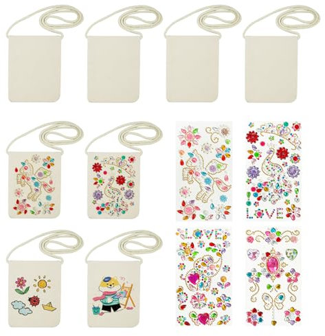 Mocrop 8 Stück Brustbeutel Kinder DIY Stoffbeutel zum Bemalen 17 * 13cm Mit 4 Diamant-Sticker Kinder Stofftasche Geschenktüten Kindergeburtstag Basteln, Jutebeutel Unbedruckt