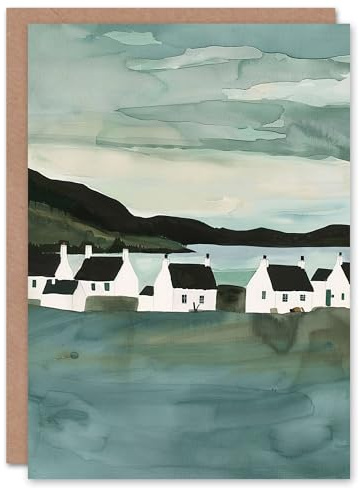 Artery8 Greeting Card Fisherman Cottages Scotland Seaside Watercolour Blank For Him Or Her Art Birthday Card