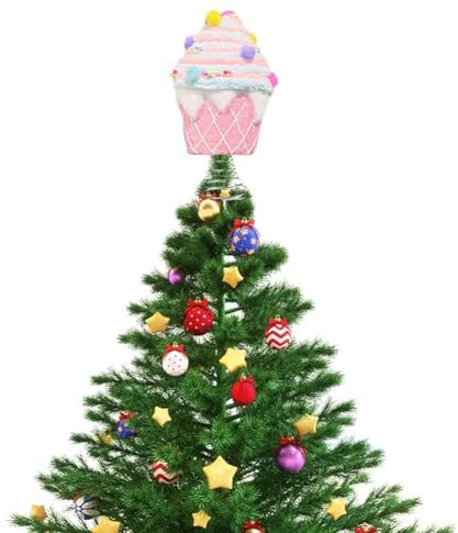 NAUXIU 8inch Candy Land Christmas Tree Decorations,Pastel Dessert Christmas Tree Topper,Candy Tree Topper,Pink Cupcake Tree Topper,Cupcake Ornaments for Christmas Tree
