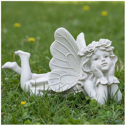 PlentifulHome Fairy Garden Statue, Reclining Fairy Figurine, 26 cm | Hand-painted resin fairy decor with an outdoor finish for gardens, patios and flower beds; a charming gift for fairy lovers