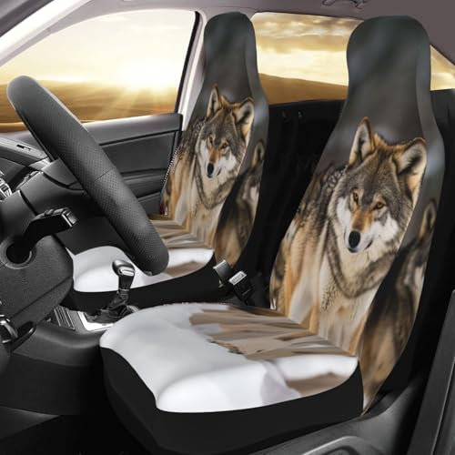 FJWSLCH Wölfe Autositzbezüge Vordersitze Auto Sitzbezüge 2er Set, Wasserdicht Autositzkissen Autositzschoner Universal Autositzbezug für PKW LKW und SUV
