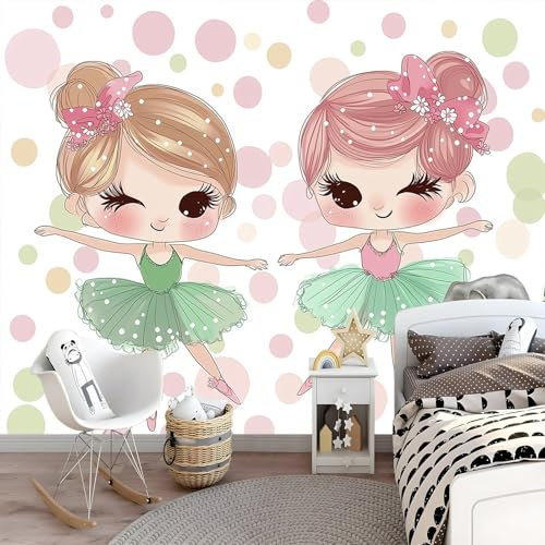 Fototapete Cartoon Punkte Mädchen Grün Rosa 3D Effekt Tapete Fototapetens Vlies Tapeten Vliestapete Wandtapete Moderne Wand Wandbild Schlafzimmer Spielzimmer Wohnzimmer Deko 400 X 280 Cm
