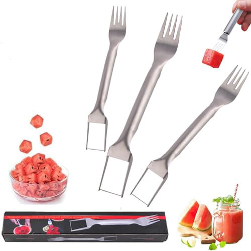 2-in-1 Stainless Steel Fruit Cutter, 2025 Upgraded Watermelon Fork Slicer Cutter, Portable Dual Head Fruit Forks Slicer Knife, Fruit Fork Camping Kitchen Gadgets (3)