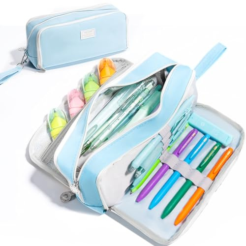 Four Candies Federmäppchen Federmappe Mäppchen Etui Stifte 3 Fach, Blau | Große Kapazität Pencil Case Großes Federtaschen Tasche Halter Schreibwaren Zippered Desk Organizer für Mädchen Jungen, Frauen
