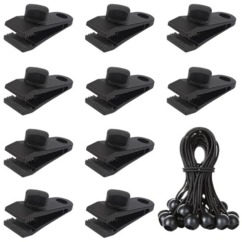 10 Pcs Tarpaulin Clips +10 Pcs Bungee Cord Ball, Heavy Duty Lock Grip Tent Clips Clamps, Reusable Tarp Clamps, Carabiner for Fixing Tarps, Awnings, Camping, Caravan, Garden Shade Cloth