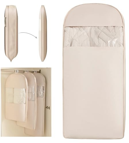 NatureNook Space Saving Hanging Compression Garment Bag with Zipper for Closet Storage, Hanging Clothes Storage Bag, Garment Covers for Coats and Down Jackets, Beige, XL