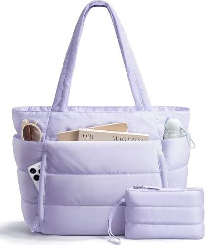 Puffer Tote Bag for Women, Lightweight Puffy Work Laptop Handbag Teacher Nurse Quilted Shoulder Bag for School Travel Gym, Purple