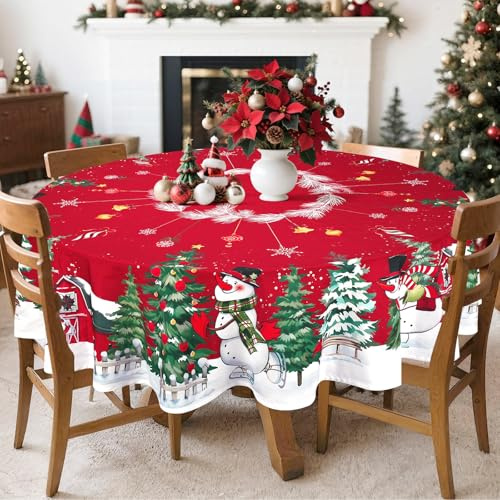 Arquiel Weihnachten Schneemann Polyester Tischdecke Rund Ø 180 cm Waschbar | Waschbare Polyester-Tischdecke mit Schneemann-Motiv, wasserabweisend und pflegeleicht für Küche, Esszimmer, Feste und Feiern.