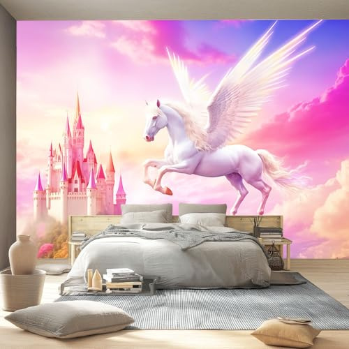 Fantasy Photo Wallpaper for Living Room Peel and Stick 350 x 256 cm Self Adhesive Removable Wall Mural for Walls, Pink Unicorn Castle Sticker for Bedroom Kids Bedroom Decor