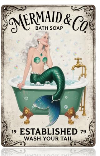 WADORN Mermaid Company Bath Soap Vintage Metal Tin Sign, 12x8 Inch Wash You Tail Retro Art Sign Funny Mermaid Bathroom Decor Gifts Plaque for Restaurant Garage Bar Cafe Pubs Shop Home Wall Decoration