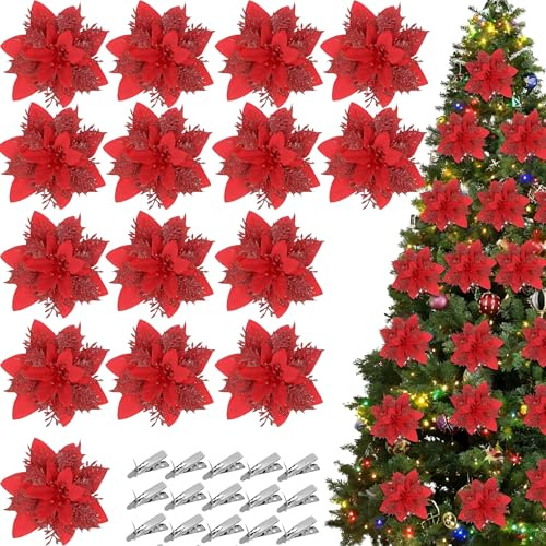 Shengruili 15 Stück Weihnachtsbaum Blumen,Weihnachten Glitzer Kunstblumen,Weihnachtsbaumschmuck mit Clips Glitter Weihnachtsbaum Ornamente Weihnachten Hochzeit Party Kranz Girlanden DIY