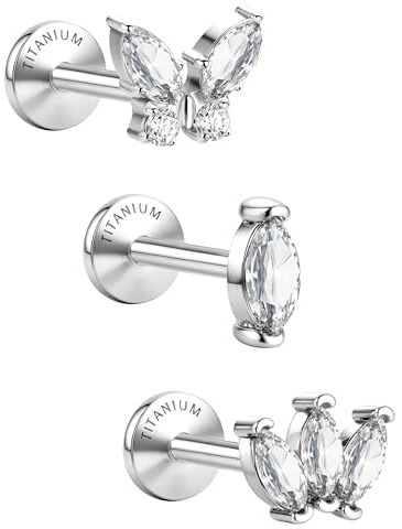 SLLAISS 3Pcs Titanium Flat Back Earrings Tragus Piercing Jewellery Gold | Hypoallergenic, G23 Implant Grade Titanium, Cartilage Conch Helix Piercing Jewellery, 18G Silver/Gold Screw Back Earring