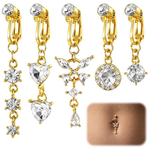 Josojoou 5 Pcs Fake Bauchnabelpiercing Clip Mit Zirkonia | Fake-Bauchnabel Piercings Clip-On-Bauchnabelringe Frauen Bauchnabelpiercings Ohne Piercing