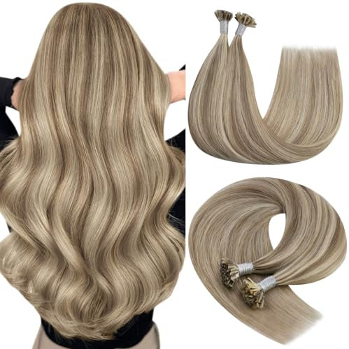 YoungSee U Tip Hair Extensions Light Brown Highlight U Tips Human Hair Extensions Light Brown Highlight Blonde U Tip Real Hair Extensions for Women 18In Keratin Human Hair Extensions Ktip Hair 50s/50g