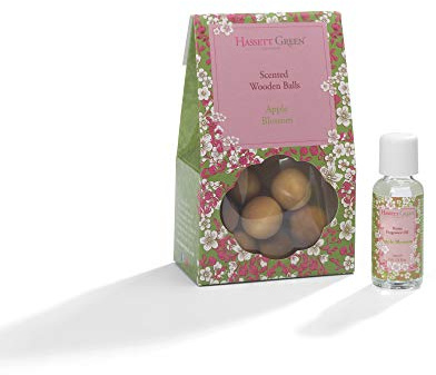 Hassett Green London - Apple Blossom - Scented Wooden Balls Pack of 12 plus 30ml Bottle of Home Fragrance Oil for Refreshing - Alternative to Pot Pourri, Diffusers, Sachets and Drawer Liners