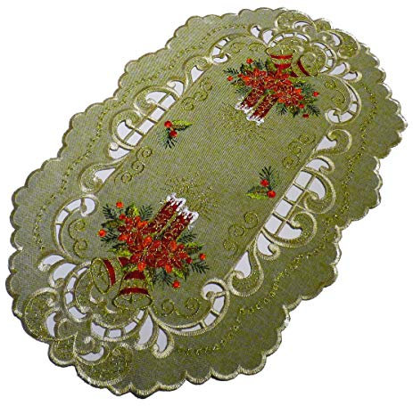Westernlifestyle Tischläufer Tischdecke Mitteldecke Weihnachtsdecke gestickt mit Kerzen und Weihnachtsglocken Leinen-Optik Grün Beige (30 x 45 cm)